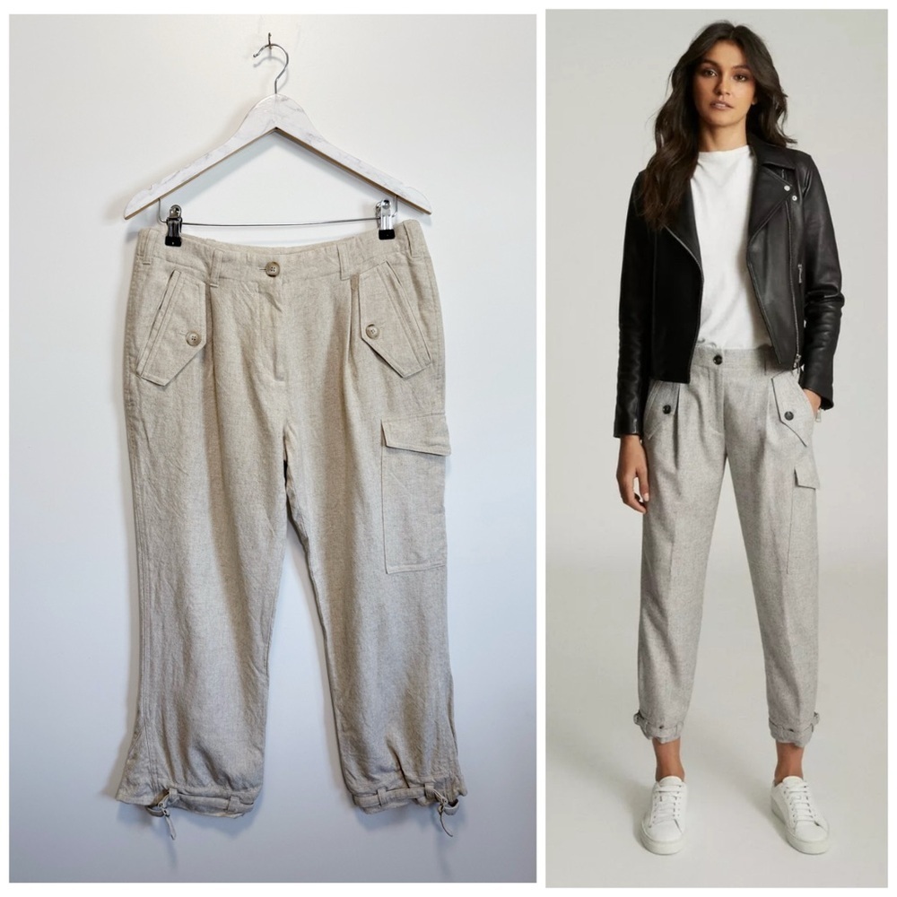 REISS 8 Brianna Cream Tan Wool Blend Cargo Pants Cropped Women’s 8 Linen Oatmeal